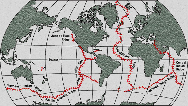 The mid-oceanic ridge wraps around the globe like a seam on a baseball.
