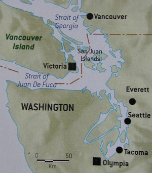 Location of San Juan Islands from map at the Friday Harbor Marina, San Juan Island, Washington