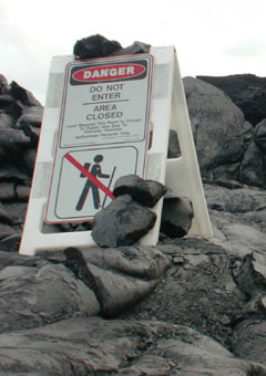 Warning sign near recent lava flows